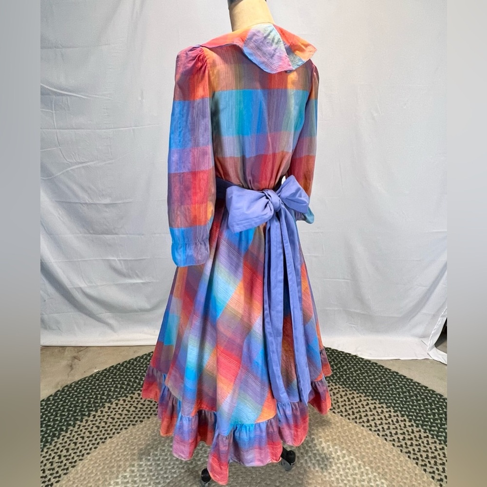 VINTAGE 80s plaid prairie dress ruffle poet collar a-line long sleeve midi‎ - Picture 8 of 17